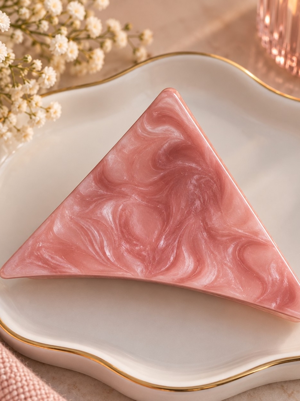 Med Size Pink Marble Triangular Hair Claw Clip - New